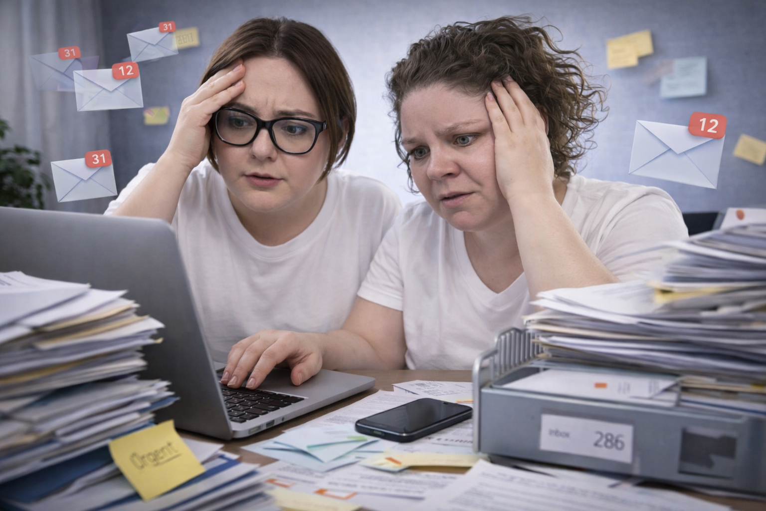 Przytłoczona kobieta z chaosem maili i dokumentów