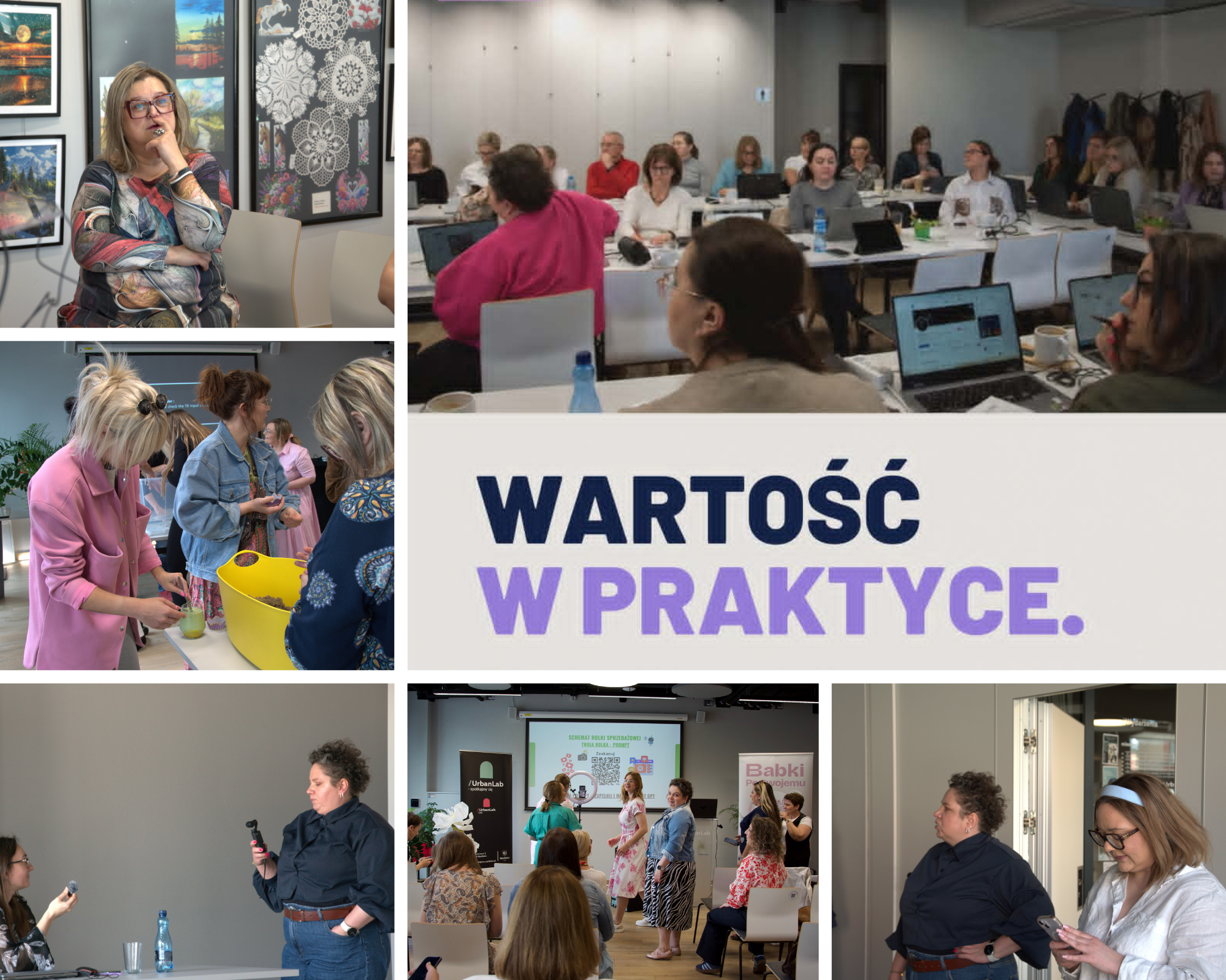 Kolaż ze spotkań społeczności Babki Po Swojemu - warsztaty, networking i wartość w praktyce